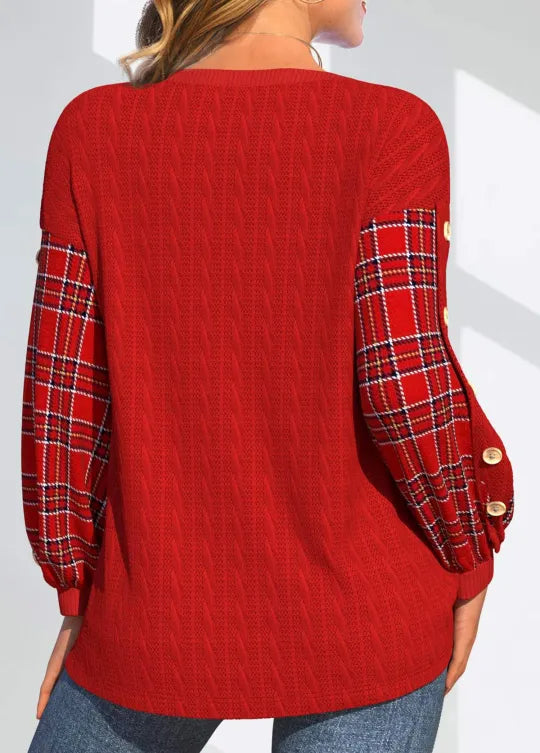 Courtney | Red Knit with Checked Sleeves Sweater