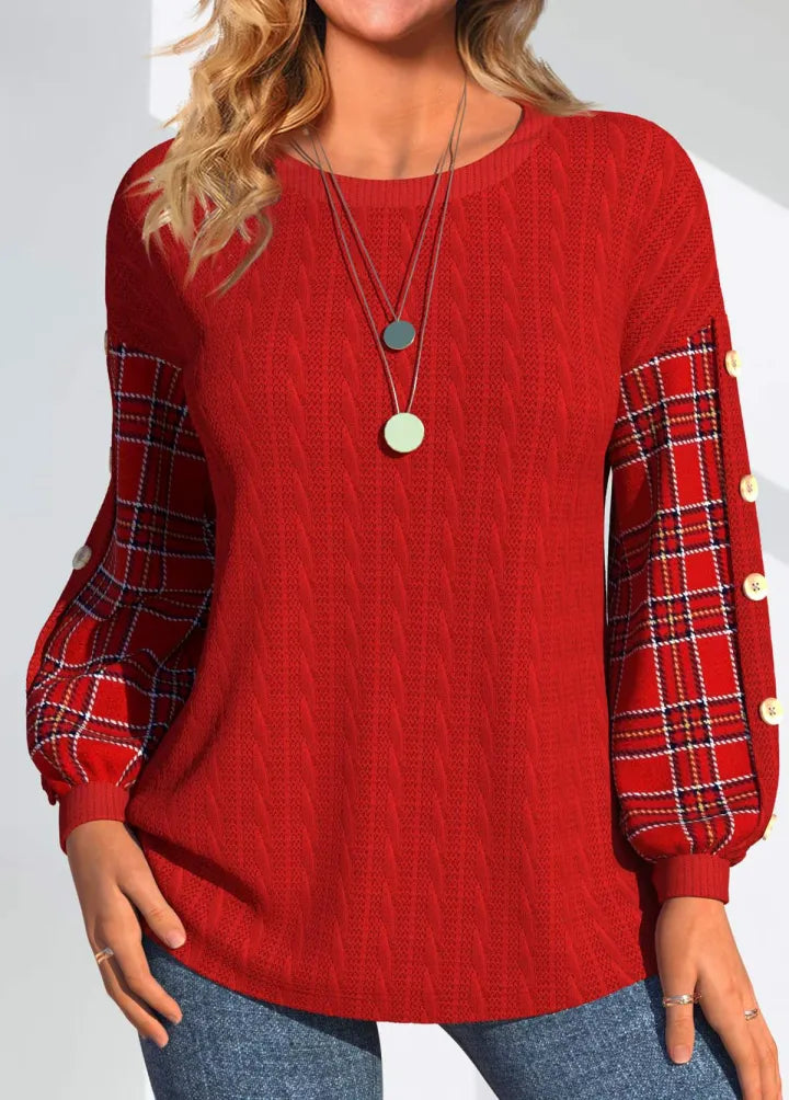 Courtney | Red Knit with Checked Sleeves Sweater