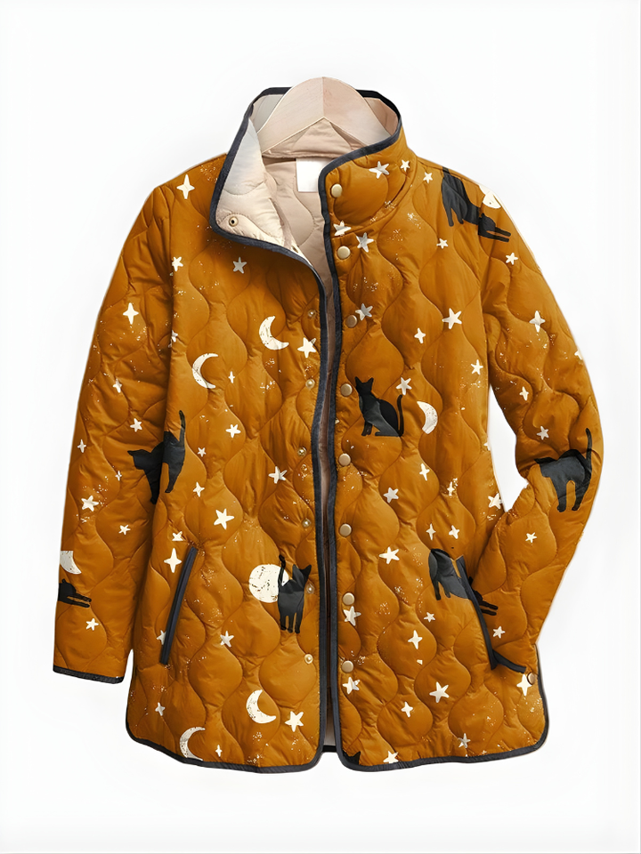 Rosalie | Black Quilted Jacket with Cat Pattern