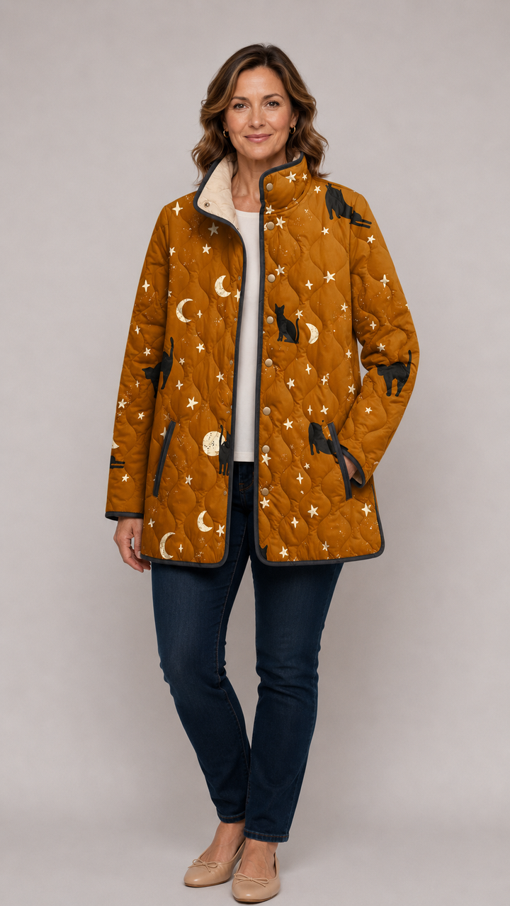Rosalie | Black Quilted Jacket with Cat Pattern