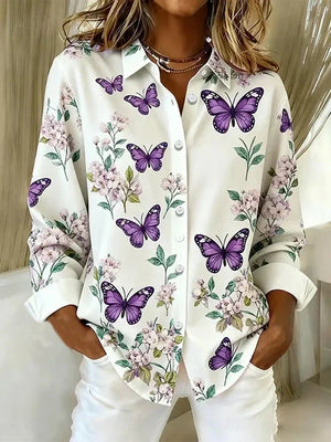 Jenna | Whimsical Butterfly Print Button Blouse