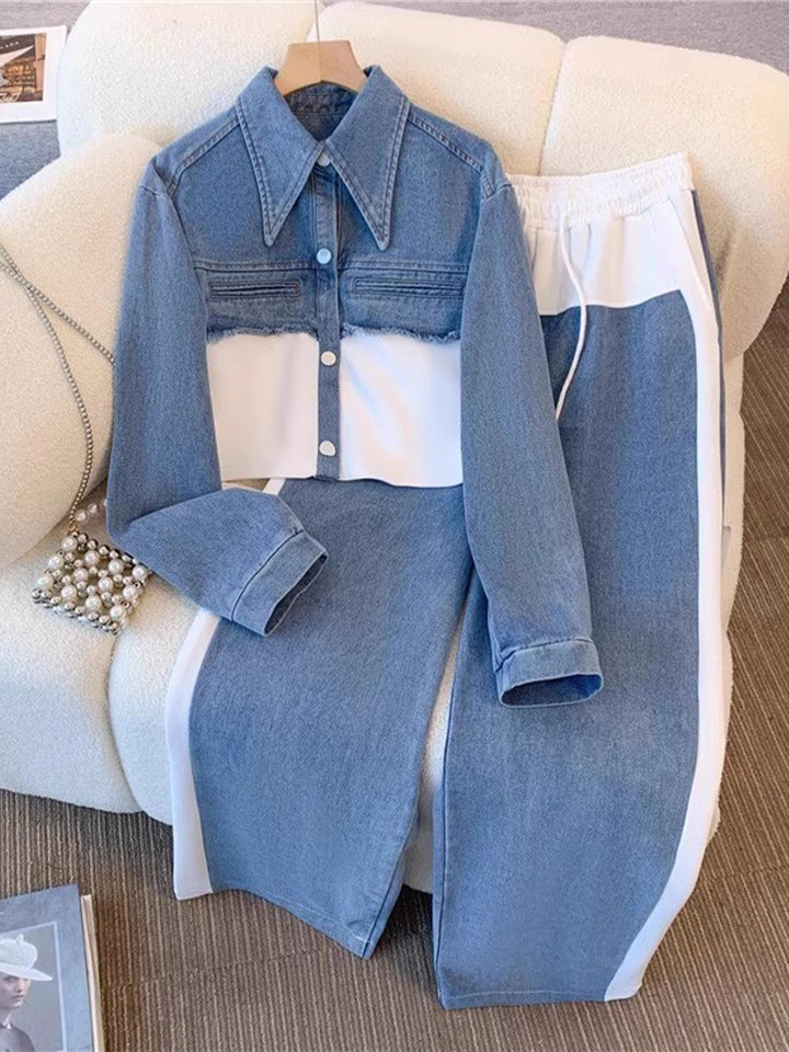 Vivian | Color-Block Cropped Jacket &amp; Wide-Leg Pants Set