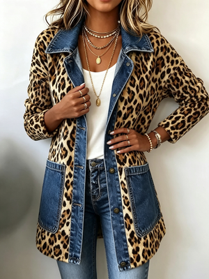 ANNABELLE | LEOPARD PRINT DENIM PANEL CONTRAST LONGLINE JACKET