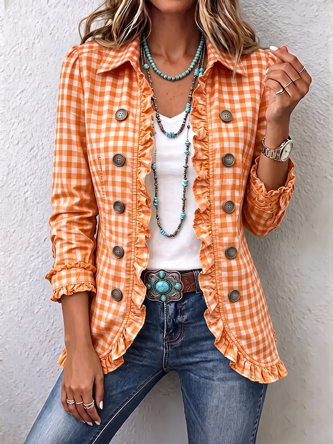 Aspen | Gingham Ruffled Button-Down Jacket