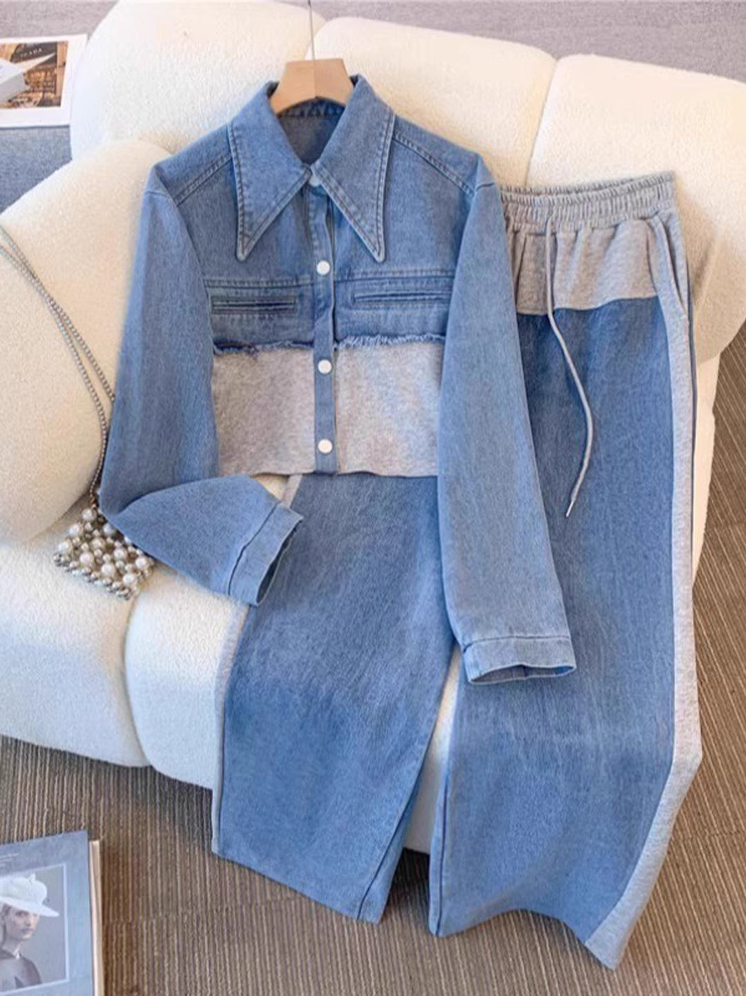 Vivian | Color-Block Cropped Jacket &amp; Wide-Leg Pants Set