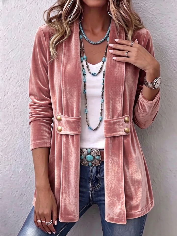 Keira | Vintage Lapel Button-Accent Long Sleeve Open Front Jacket