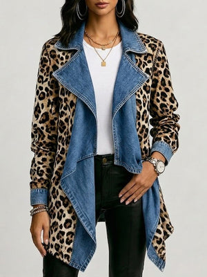 WREN | LEOPARD PRINT & WASHED DENIM PANELED MID-LENGTH JACKET