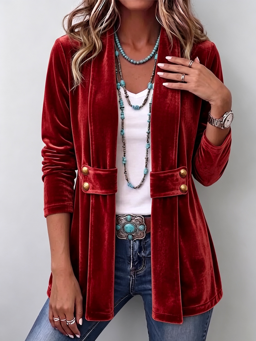 Keira | Vintage Lapel Button-Accent Long Sleeve Open Front Jacket