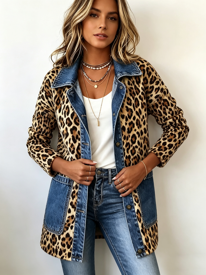 Annabelle | Leopard Print Denim Panel Contrast Longline Jacket
