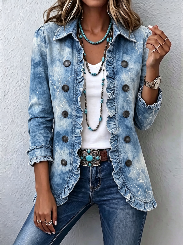 Joanna | Boho-Style Gradient Vintage Botanical Print Ruffle-Detail Jacket