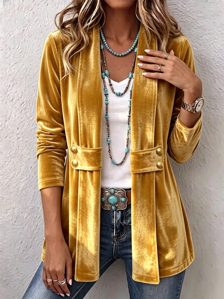 Keira | Vintage Lapel Button-Accent Long Sleeve Open Front Jacket