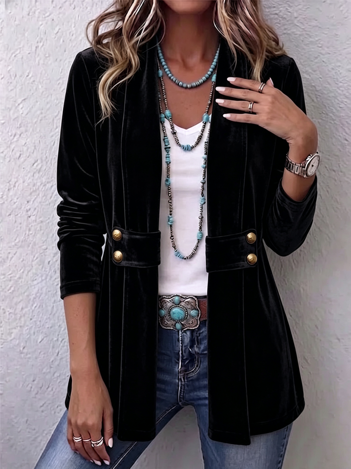 Keira | Vintage Lapel Button-Accent Long Sleeve Open Front Jacket
