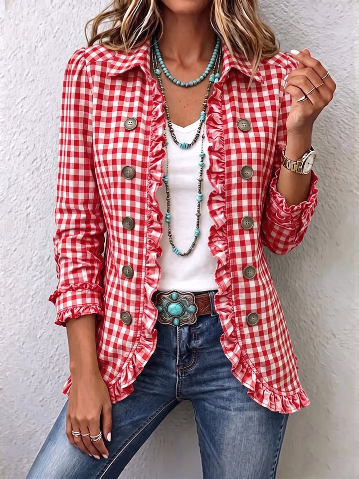 Aspen | Gingham Ruffled Button-Down Jacket
