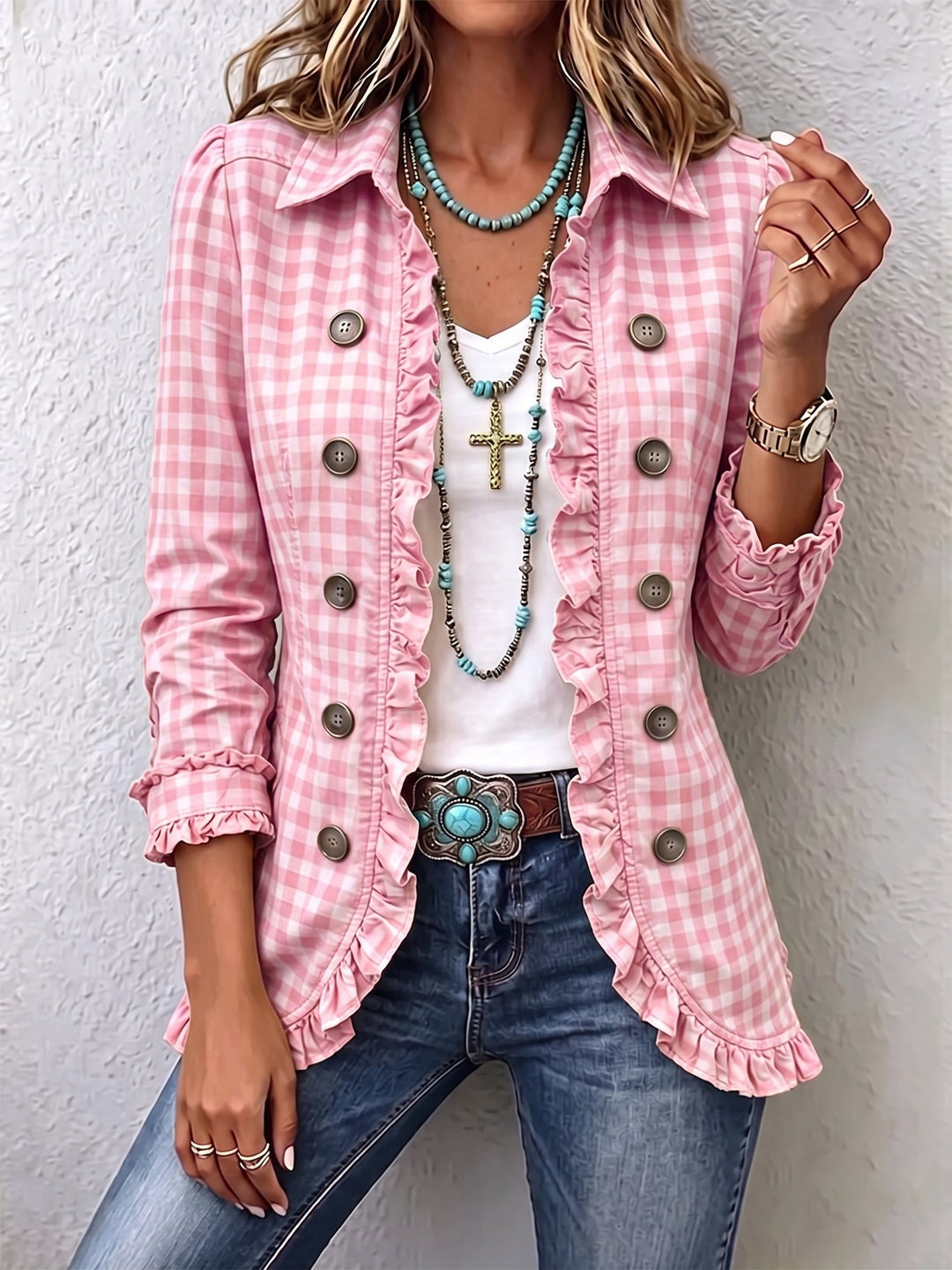 Aspen | Gingham Ruffled Button-Down Jacket
