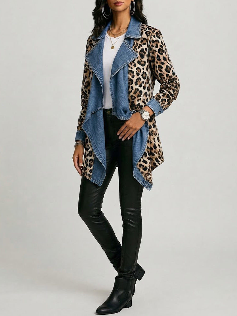 Wren | Leopard Print &amp; Washed Denim Paneled Mid-Length Jacket