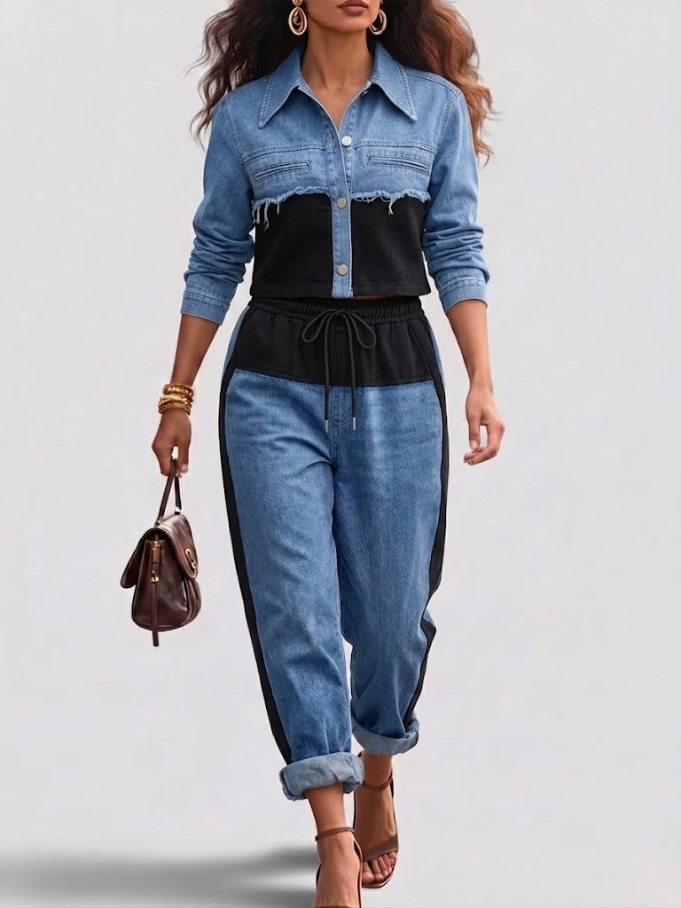 Vivian | Color-Block Cropped Jacket &amp; Wide-Leg Pants Set