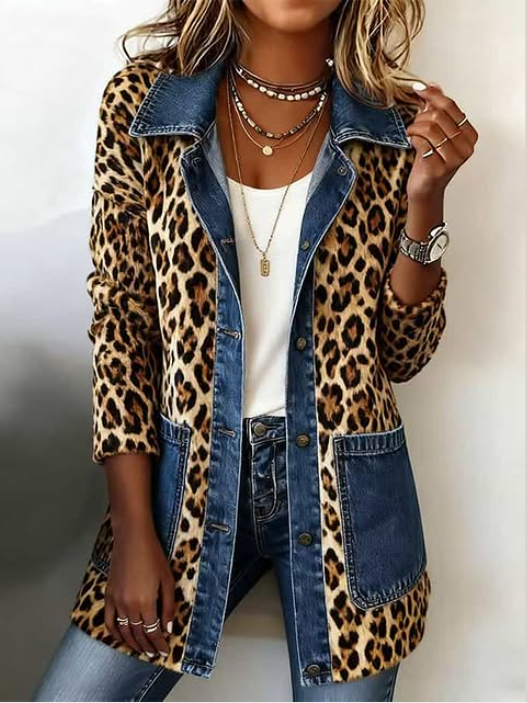 Annabelle | Leopard Print Denim Panel Contrast Longline Jacket