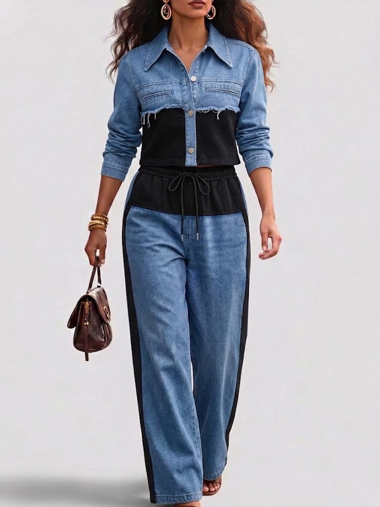 Vivian | Color-Block Cropped Jacket &amp; Wide-Leg Pants Set