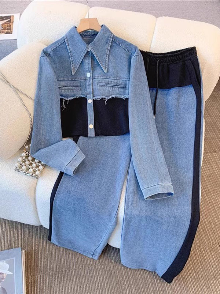 Vivian | Color-Block Cropped Jacket &amp; Wide-Leg Pants Set