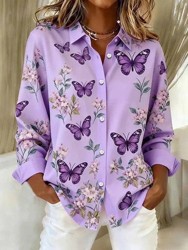 Jenna | Whimsical Butterfly Print Button Blouse